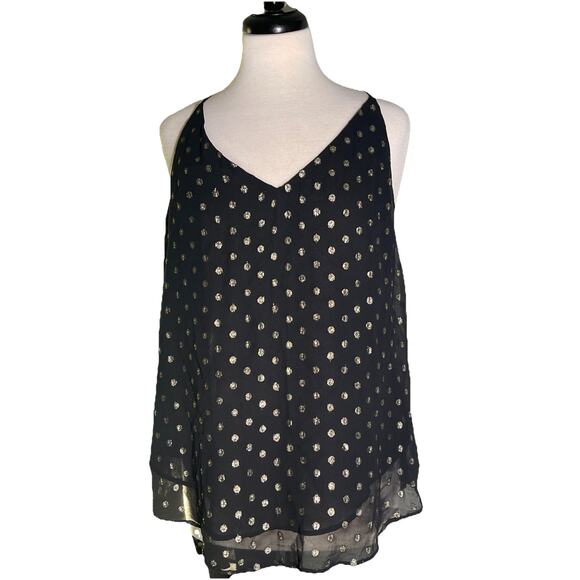 Loft Black Gold Polka Dots Spaghetti Strap Top Blouse Women's Size M - Picture 1 of 5